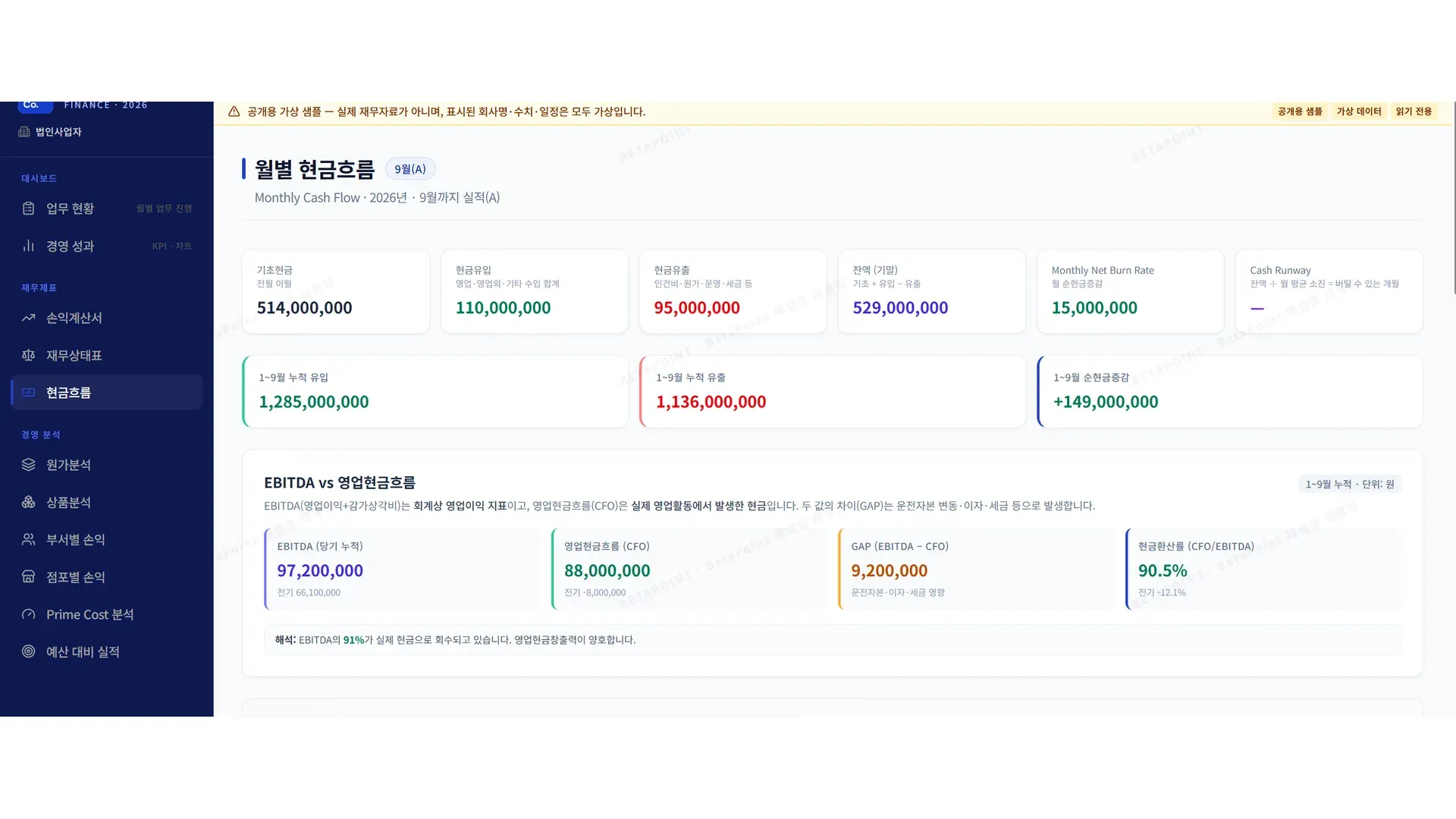 BetaFIN 현금흐름 보고서 화면 — 합성 데이터